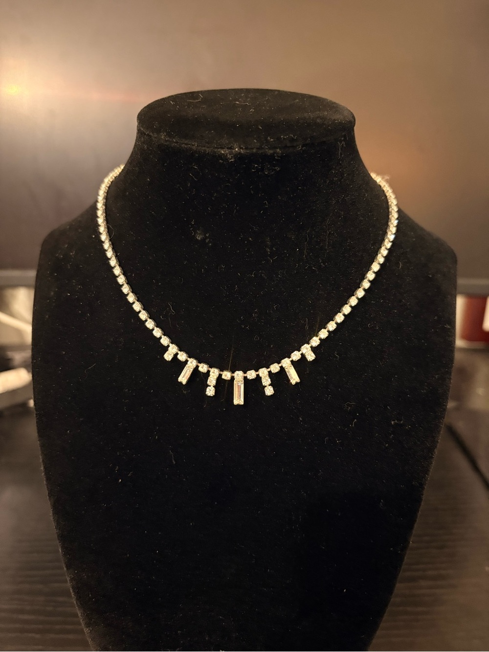 Vintage Silver Tone Crystal Rhinestone Tennis Necklace 13” with 2” Extender